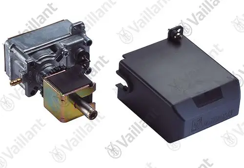 Vaillant Servodruckregler mit einer Metallkonstruktion und einem Kunststoffgehäuse, bestehend aus einem mechanischen Teil und einer Elektronikbox.